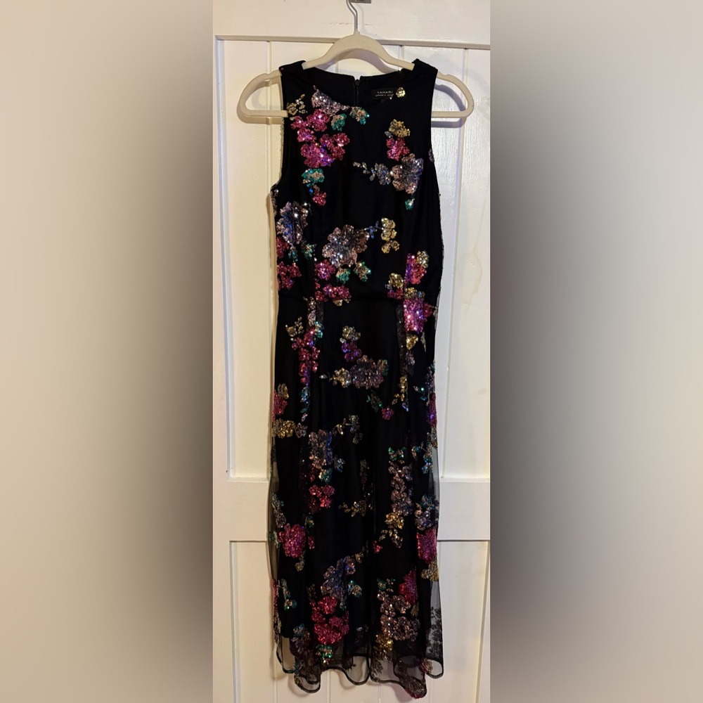 Elegant Black Tahari Floral Sequin Midi Dress